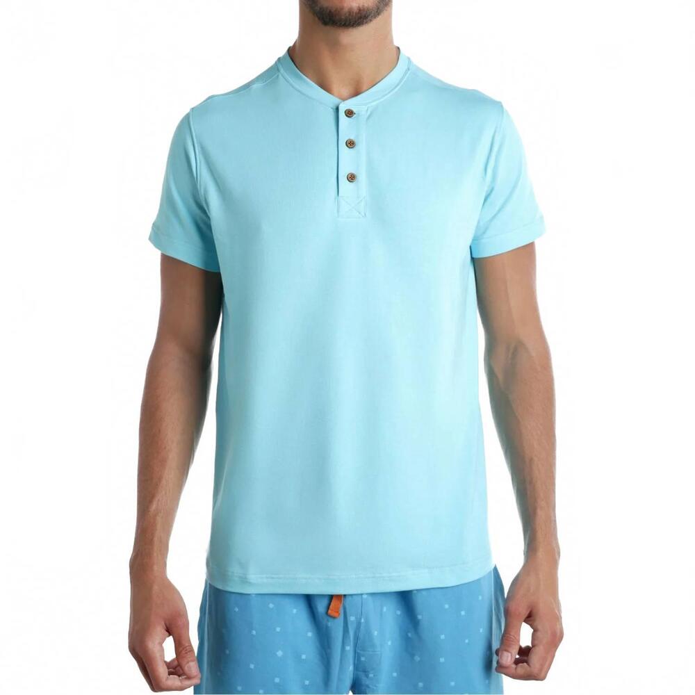 NEW WOOD short sleeve henley lounge shirt in sky blue